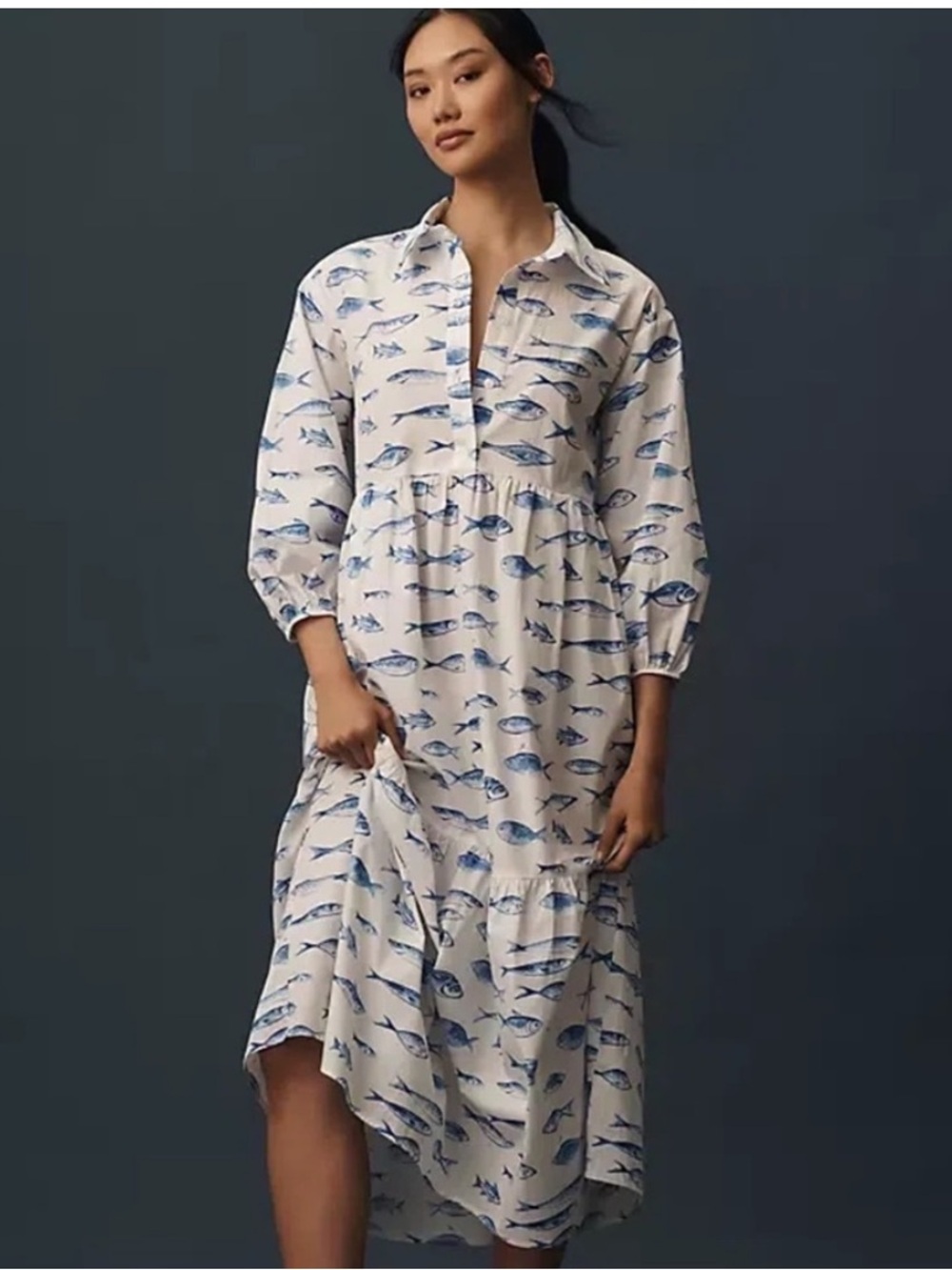 Anthropologie White Midi Dress with Blue Fish Print